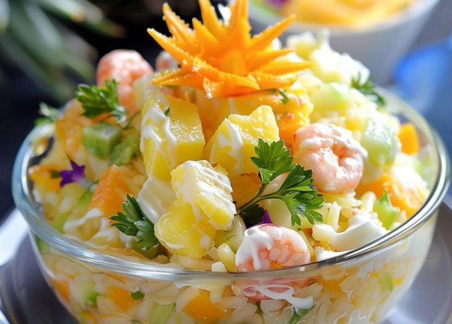 salade Hawaienne, une savoureuse salade légère exotique à base de d'ananas, crevette et riz, facile et simple à réaliser pour une entrée légère.