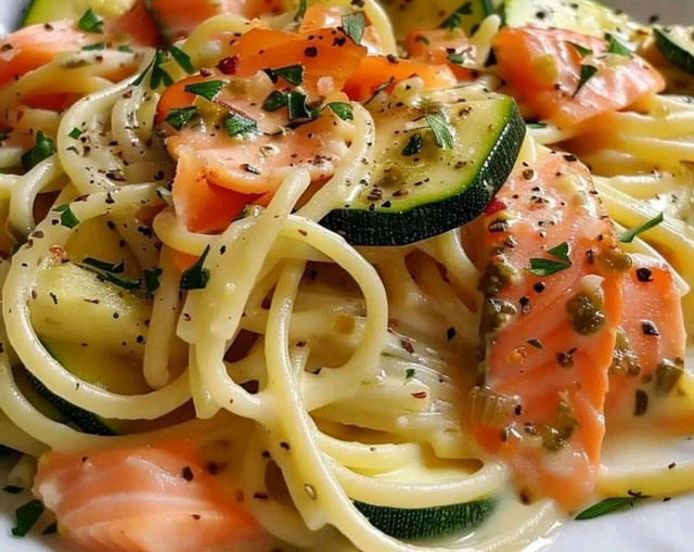 spaghettis au saumon et courgettes, un savoureux plat à base de pâtes et de saumon, facile et simple à réaliser pour un repas léger.