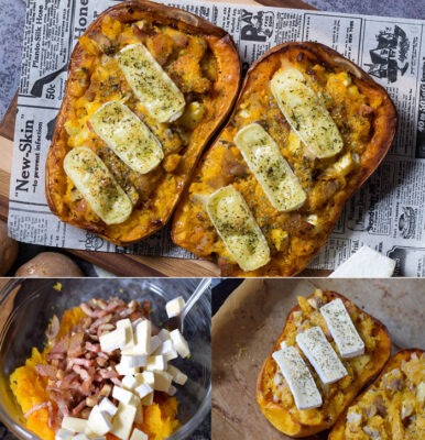 Butternut Farcie au Chèvre Champignons et Lardons
