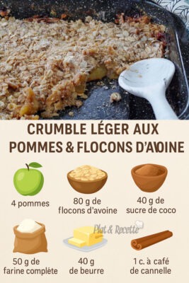Crumble léger aux pommes et flocons d’avoine, un dessert sain, croustillant et parfumé à la cannelle, facile et simple à préparer.
