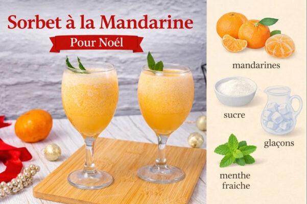 Sorbet à la Mandarine Spécial Noël Sorbet à la Mandarine Spécial Noël, un dessert glacé léger, rafraîchissant et festif, préparé avec des mandarines fraîches, peu de sucre et une touche de menthe.