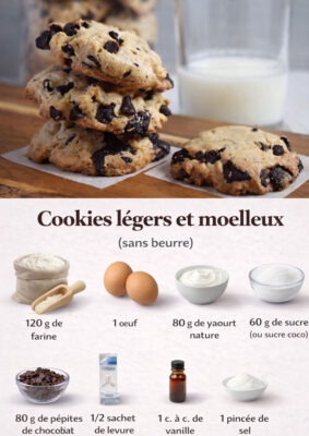 Cookies légers et moelleux aux pépites de chocolat, faciles à préparer sans beurre. Une recette gourmande et plus saine.