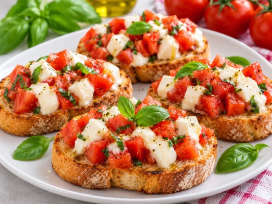Bruschetta, tomate mozzarella, recette italienne, apéritif facile, tartine croustillante, basilic, mozzarella, tomates fraîches, recette rapide, entrée légère, repas d’été,